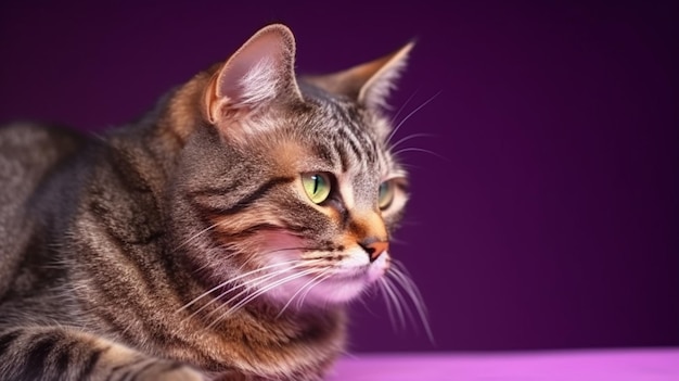 Kot z zielonymi oczami leży na fioletowym tle.