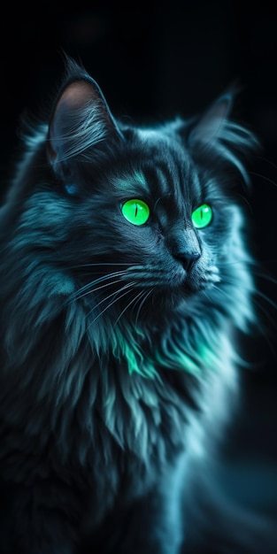 Kot z zielonymi oczami patrzy w kamerę.