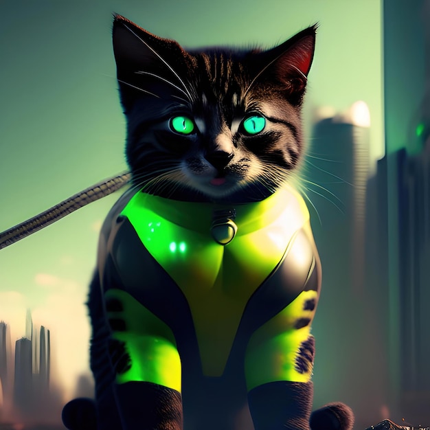 Kot z zielonymi oczami stoi w mieście.