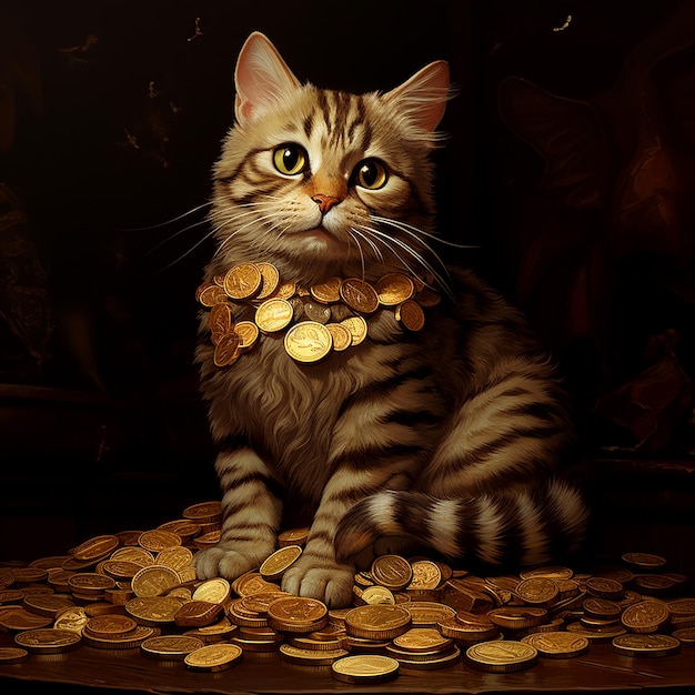 Kot z złotymi monetami
