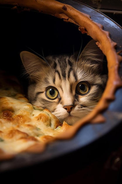 Kot z żółtymi oczami patrzący na kawałek pizzy.