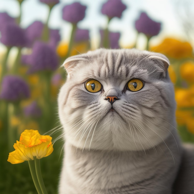 Kot z żółtymi oczami siedzi na polu kwiatów.