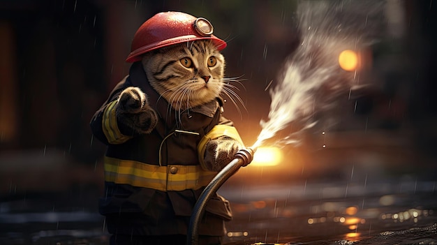 kot ze strażakiem na plecach