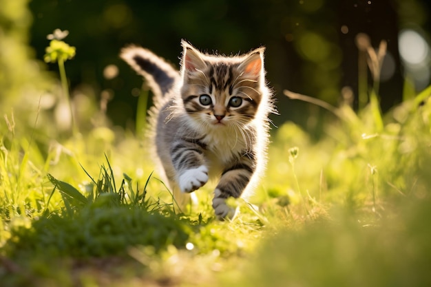 kotek biegnący przez trawę na słońcu