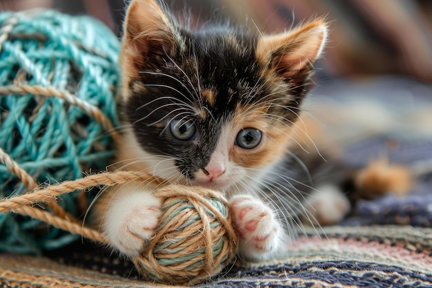 Kotek calico zabawnie łapa na kulkę przędzy jego niebieskie oczy błyszczące z złośliwości złośliwy kotek calico bawiący się z kulką przędzy