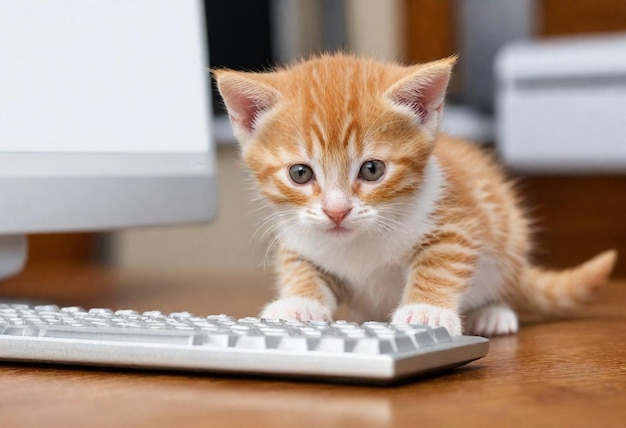 kotek leży na klawiaturze i myszy