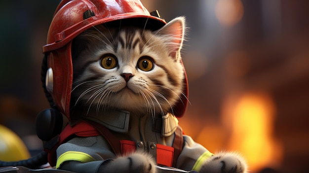 Kotek noszący hełm firemans ai