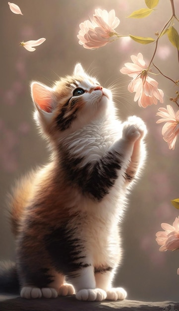 Kotek patrzy na kwiat