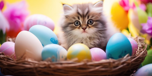 Kotek siedzący w koszu z jajami wielkanocnymi generatywny ai obraz