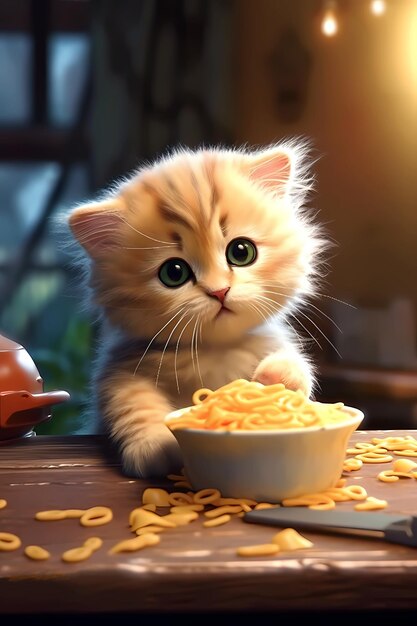 Zdjęcie kotek z miską makaronu przed stołem.