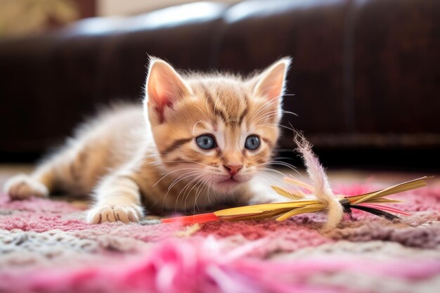 Kotek zabawnie gryzący piórko na dywanie stworzonym za pomocą generatywnej sztucznej inteligencji