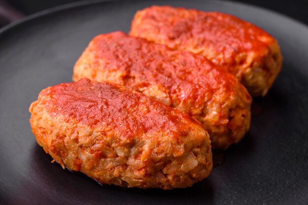 Kotlet mięsny lub klopsiki w sosie pomidorowym z czosnkiem, solą, przyprawami i ziołami