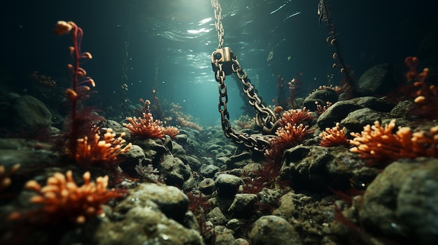 Zdjęcie kotwica z łańcuchami w morzu