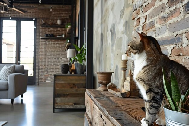 Zdjęcie koty domowe w przytulnym, współczesnym mieszkaniu, salonie, wnętrzu w stylu vintage.