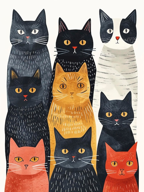 Koty funky koty ilustracja białe tło dziewięć kot szczęśliwy i sympatyczny charyzma koty ove