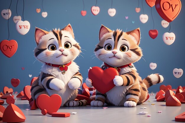 Koty para zakochana w sercach kartka na Walentynki 3d render ilustracja