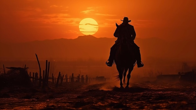 Zdjęcie kowboj jedzie na koniu na tle pięknego zachodu słońca