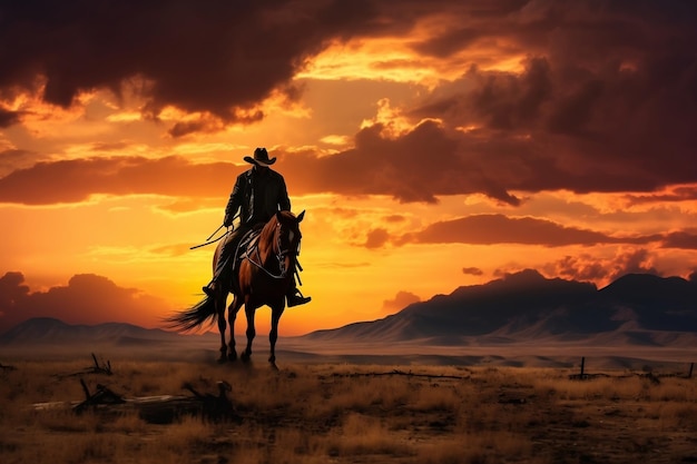 Kowboj na koniu jeździ po polu z malowniczym tłem Generacyjna sztuczna inteligencja