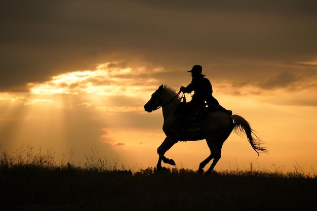Kowboj na koniu podczas biegu koni w tle