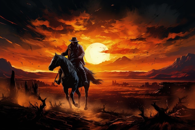 Kowboj z Dzikiego Zachodu jadący do zachodu słońca Generacyjna sztuczna inteligencja