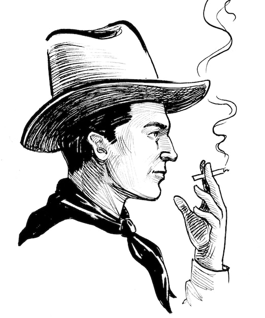 Kowboje palą papierosy. Tusz czarno-biały rysunek