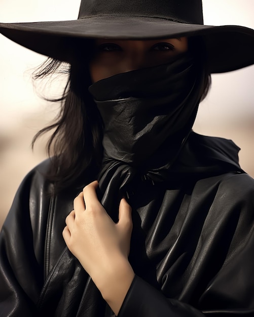 Kowbojka z dzikiego wschodu Styl mody w autentycznym kapeluszu Maska na twarz jak członek gangu