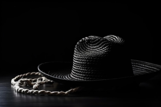 Kowbojski kapelusz i lina na czarnym tle dla stylowego i minimalistycznego projektu stworzonego za pomocą generatywnej ai