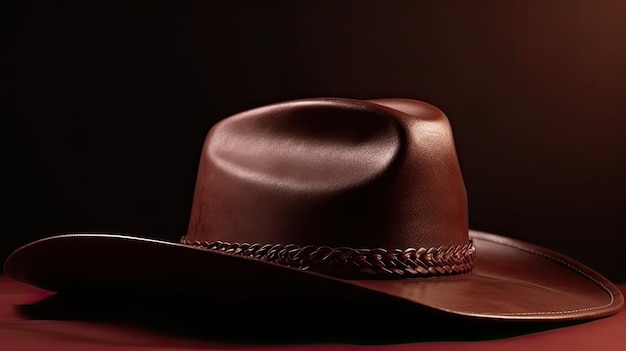 Kowbojski kapelusz leży na stole z ciemnym tłem.