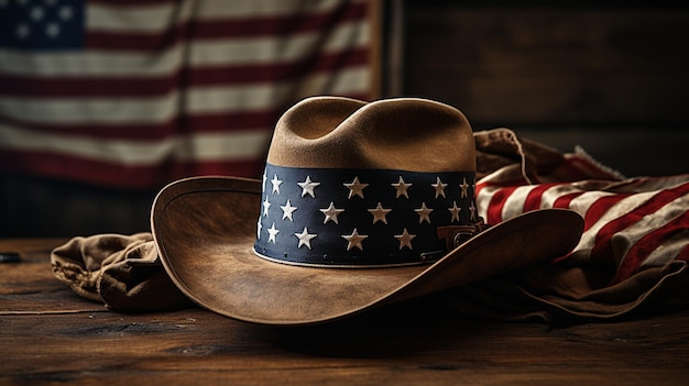 Zdjęcie kowbojski kapelusz z amerykańską flagą na drewnianym stole z amerykańską flagą generatywną ai