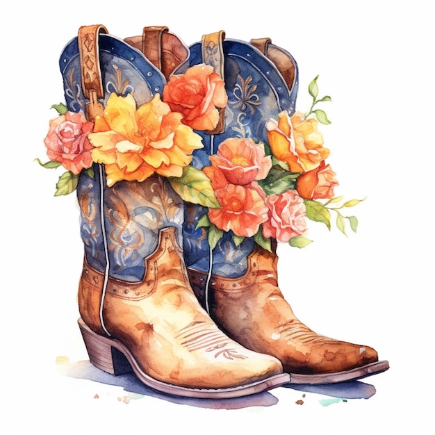 Kowbojskie buty z kwiatami na nich siedzą na ziemi generatywnie ai