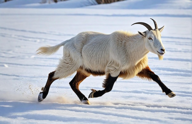 Koza biegająca na tle pustynnej przyrody dzikiej przyrody i śniegu