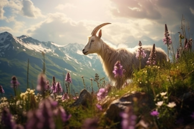 Koza na kwitnących łąkach Natura z dzikimi kwiatami i górami w tle Generatywna ilustracja AI