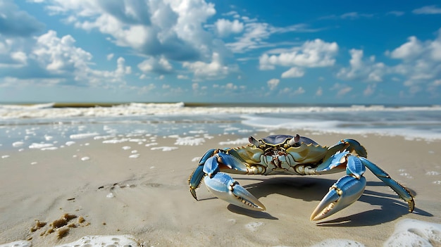 Krab jest na plaży i jest na piasku.