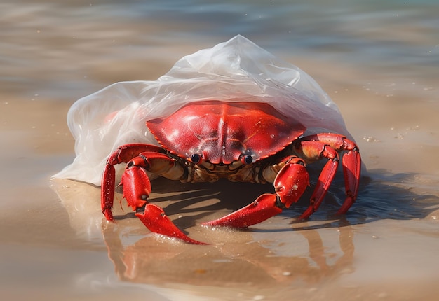 Krab jest zawinięty w plastikową torbę.