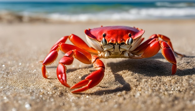 Zdjęcie krab na plaży z oceanem na tle