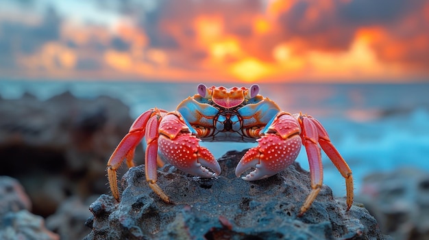 Zdjęcie krab na tropikalnej plaży o zachodzie słońca