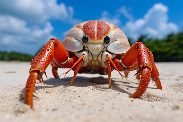 Zdjęcie krab pustelnik idący po białym piasku krab pustelniczy z bliska na piasku