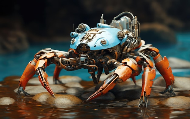 Krab-robot na wybrzeżu między skałami