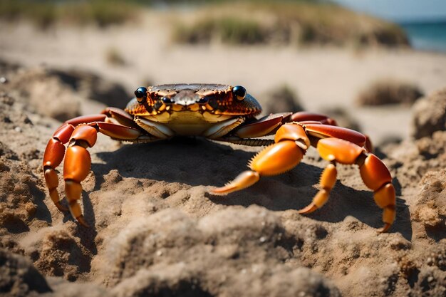 Krab stoi przed dziurą nad morzem.