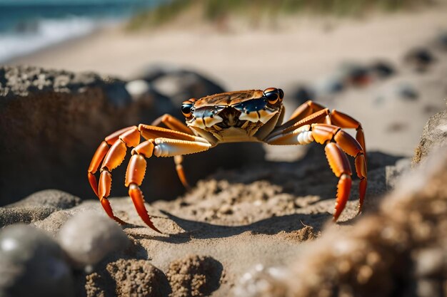 Krab stoi przed dziurą nad morzem