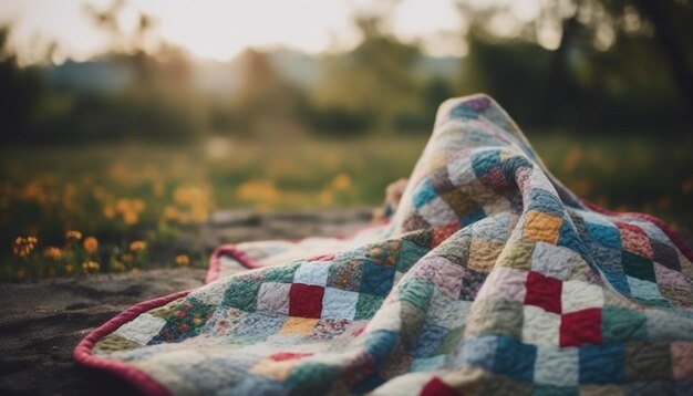 Kraciasty koc piknikowy na trawie jesienią wygenerowany przez AI