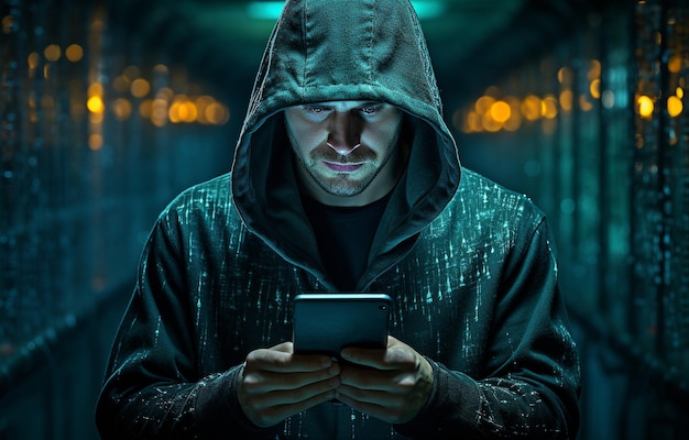 Kradzież danych przez hakera w kapturze za pomocą telefonu komórkowego