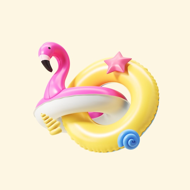 Zdjęcie krąg plażowy do pływania w morzu i nadmuchiwany flamingo na żółtym tle 3d rendering