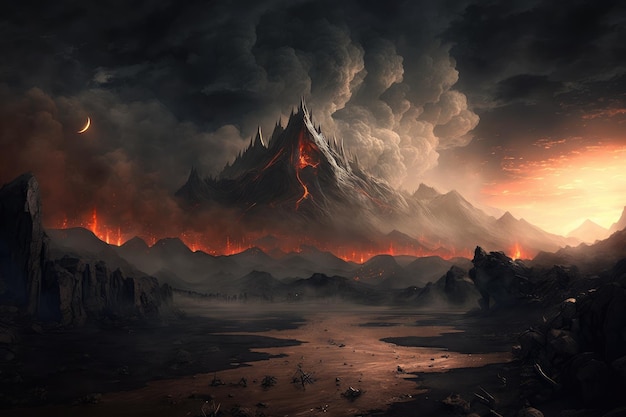 Kraina Mordoru z widokiem na wypełnione ogniem pasmo górskie i zadymione niebo