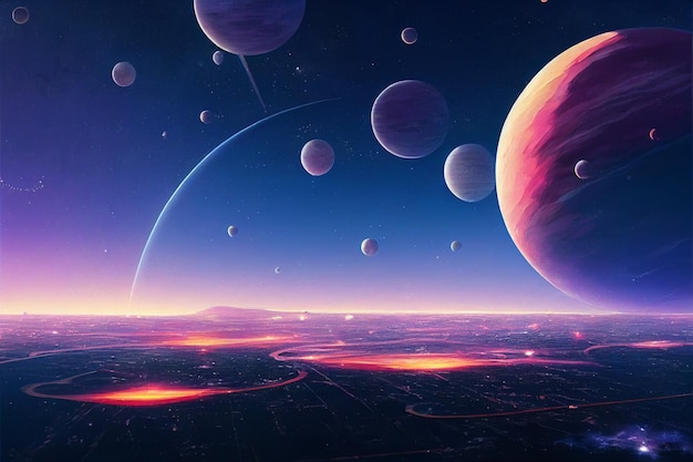 Kraina wymarzonego miasta w kosmosie z futurystyczną ilustracją planet