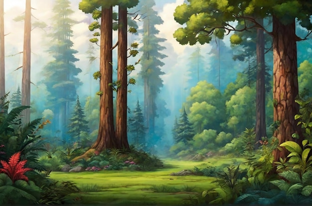 Kraj leśny z różnymi drzewami leśnymi