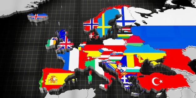 Kraje europejskie z międzynarodowymi flagami ilustracja 3D