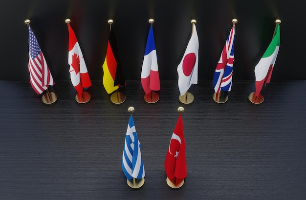 Zdjęcie kraje g7 przeciwko wojnie grecja i turcja flagi krajów g7 oraz flaga grecji i turcja zatrzymaj wojnę