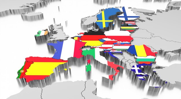 Kraje Unii Europejskiej z międzynarodowymi flagami ilustracja 3D