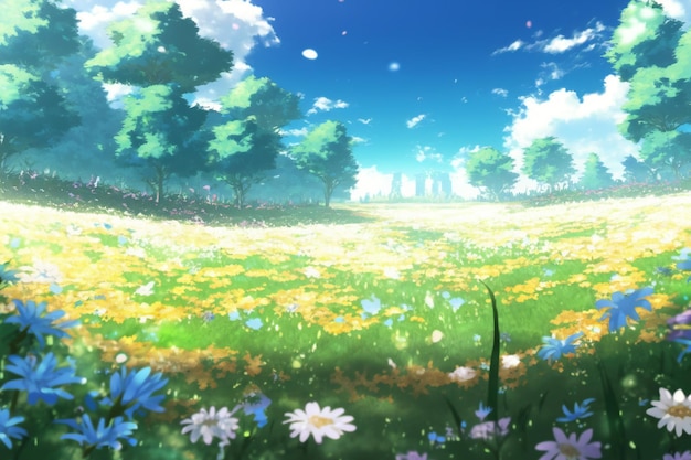 Krajobraz anime z polem kwiatów i błękitnym niebem z chmurami